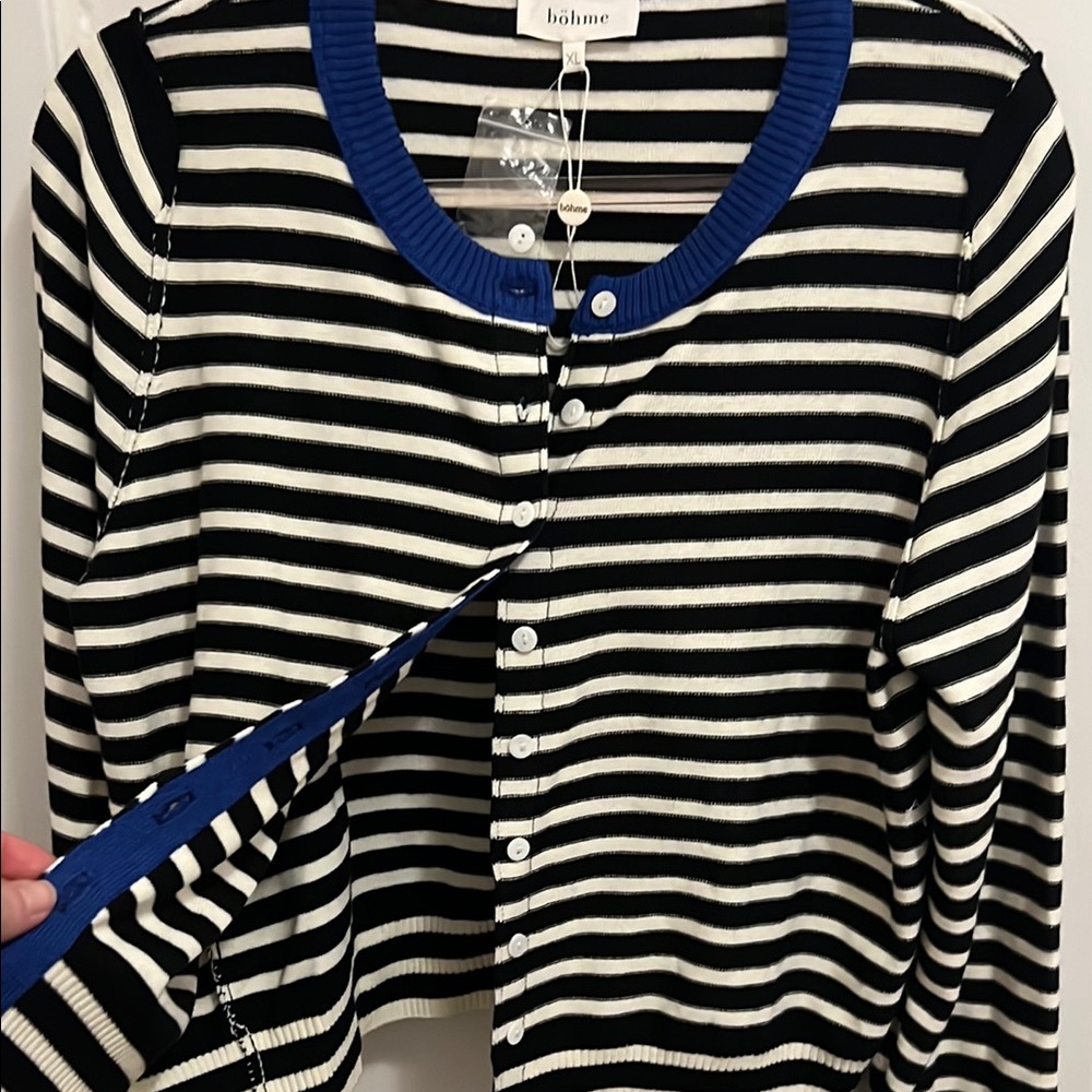 Bohme Women's Davina Striped Black and White Sweater with Blue Accents NEW